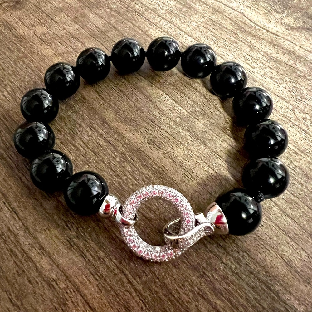 New Handmade Black Onyx and Cubic Zirconia Clasp Bracelet